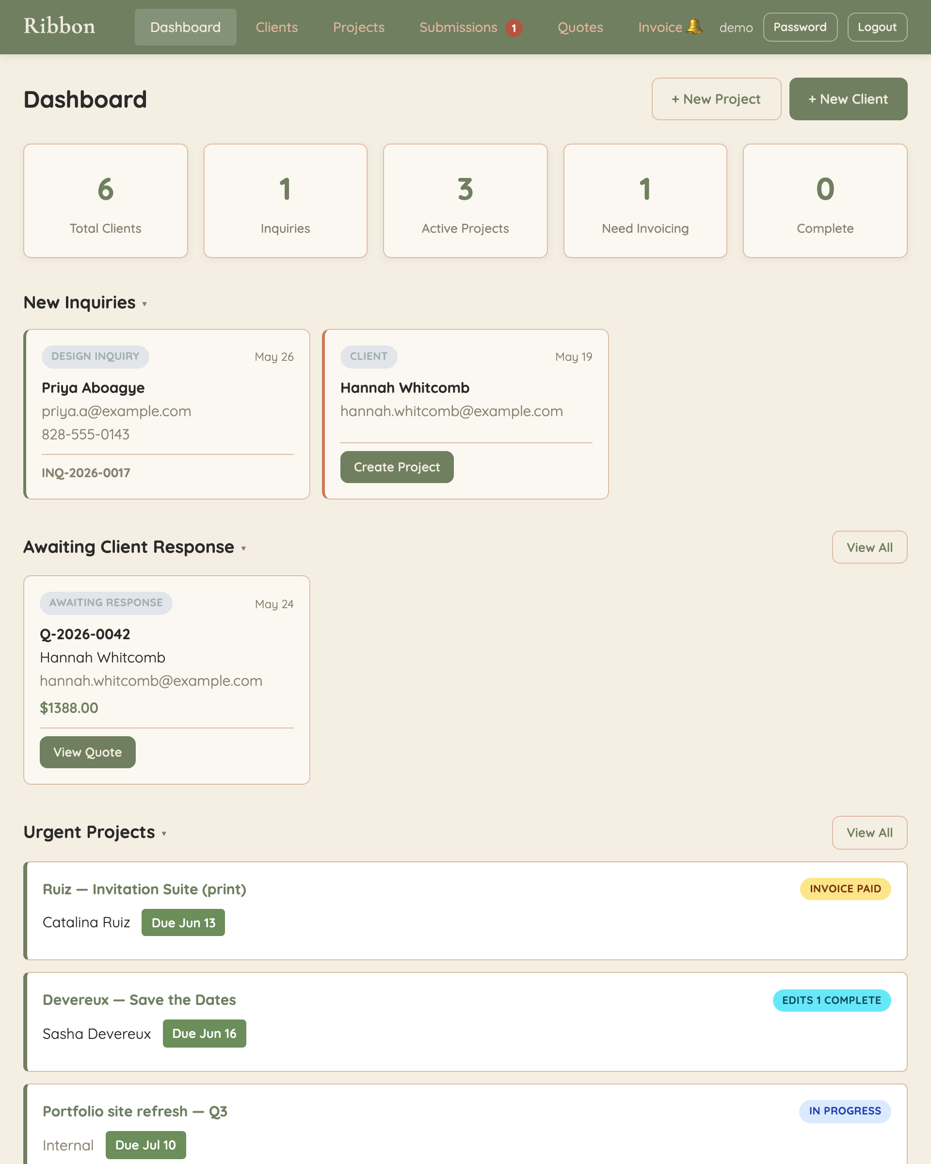 Ribbon dashboard showing inquiries, an awaiting-response quote, and urgent projects.