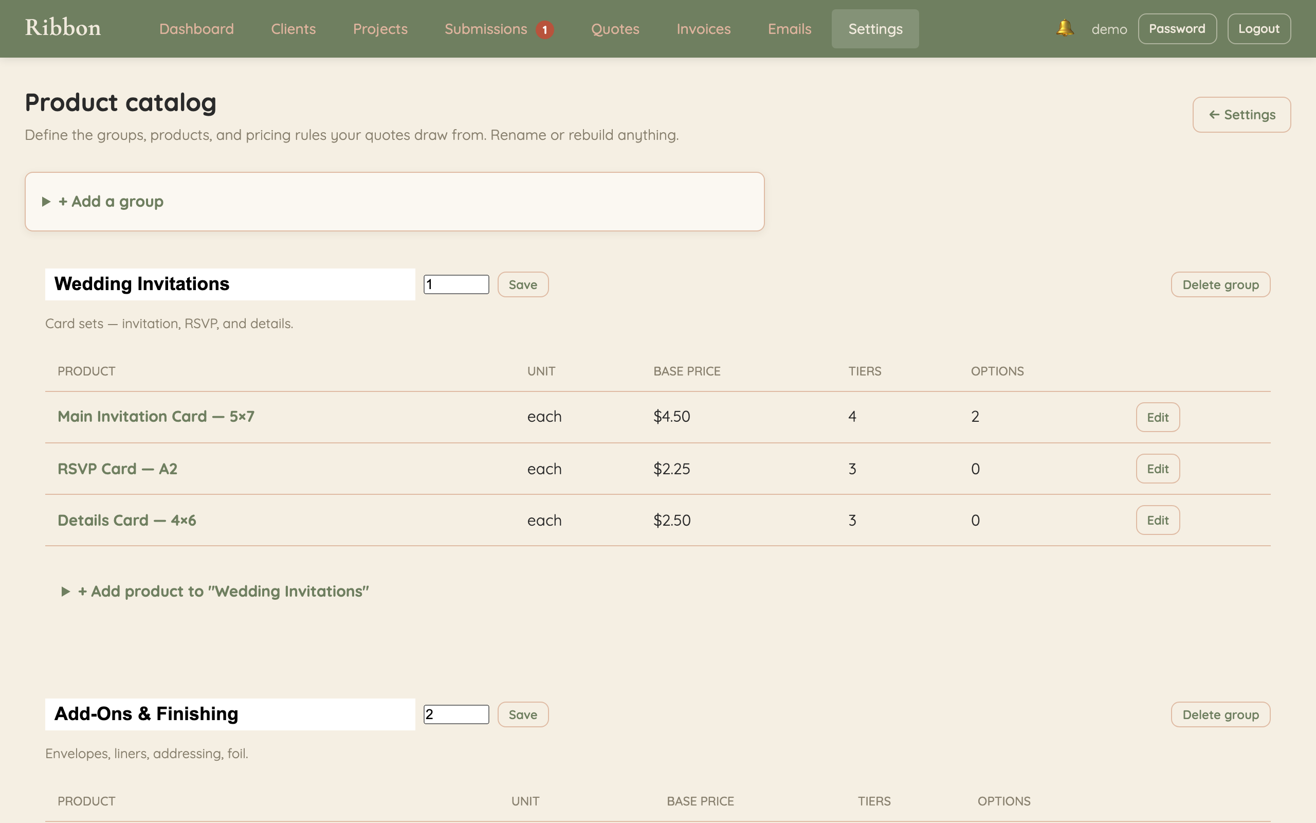 Product catalog editor with two groups and quantity tiers.