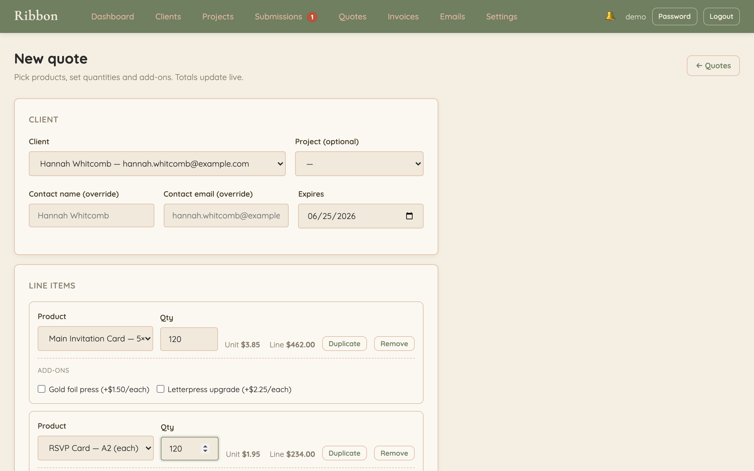 Quote builder with line items showing live unit price and line totals.