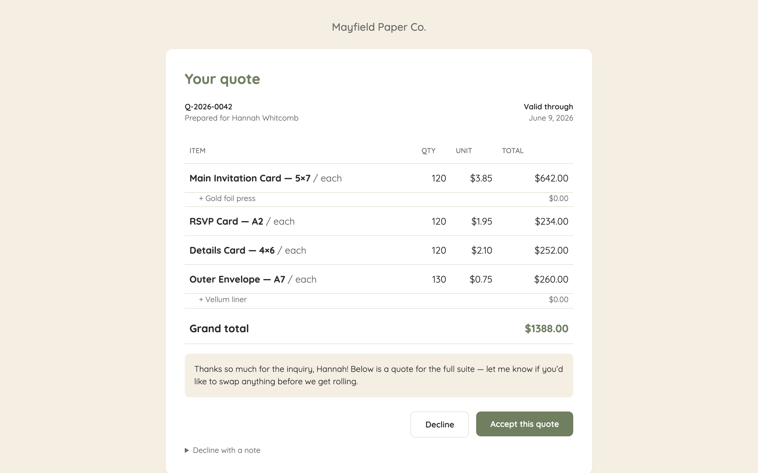 A client's branded quote page with line items, total, and Accept/Decline buttons.